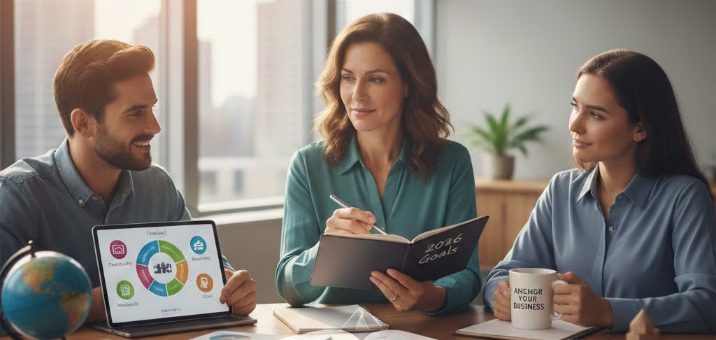 A professional group of diverse entrepreneurs sitting around a wooden table in a sunlit office, reviewing business plans and a "2026 Goals" planner to ensure alignment with personal values.