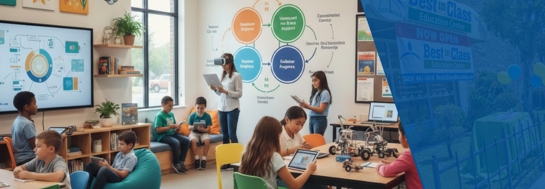 A modern, vibrant education center "community hub" where diverse students engage in interactive learning with tablets, robotics, and VR technology in a collaborative classroom setting.
